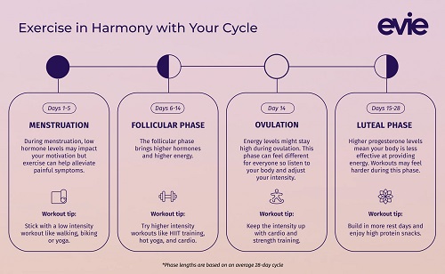 Exercise recommendations synced to menstrual cycle phases infographic
