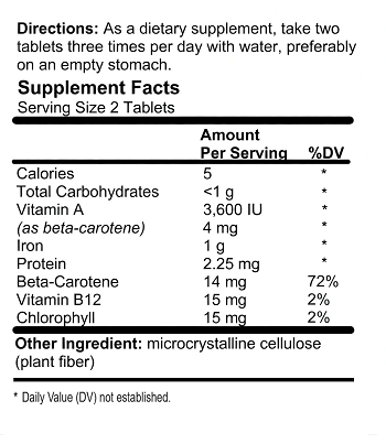 Spirulina Tablets Supplement Facts Label - Organic Superfood Ingredients